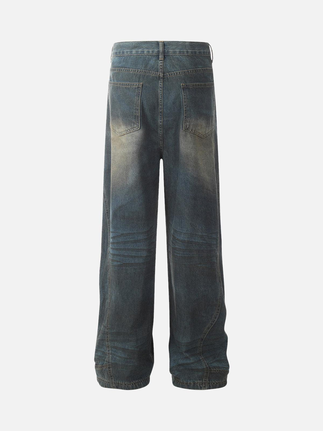 Back view of TALISHKO straight jeans showcasing a dirty dyed wash and relaxed fit.