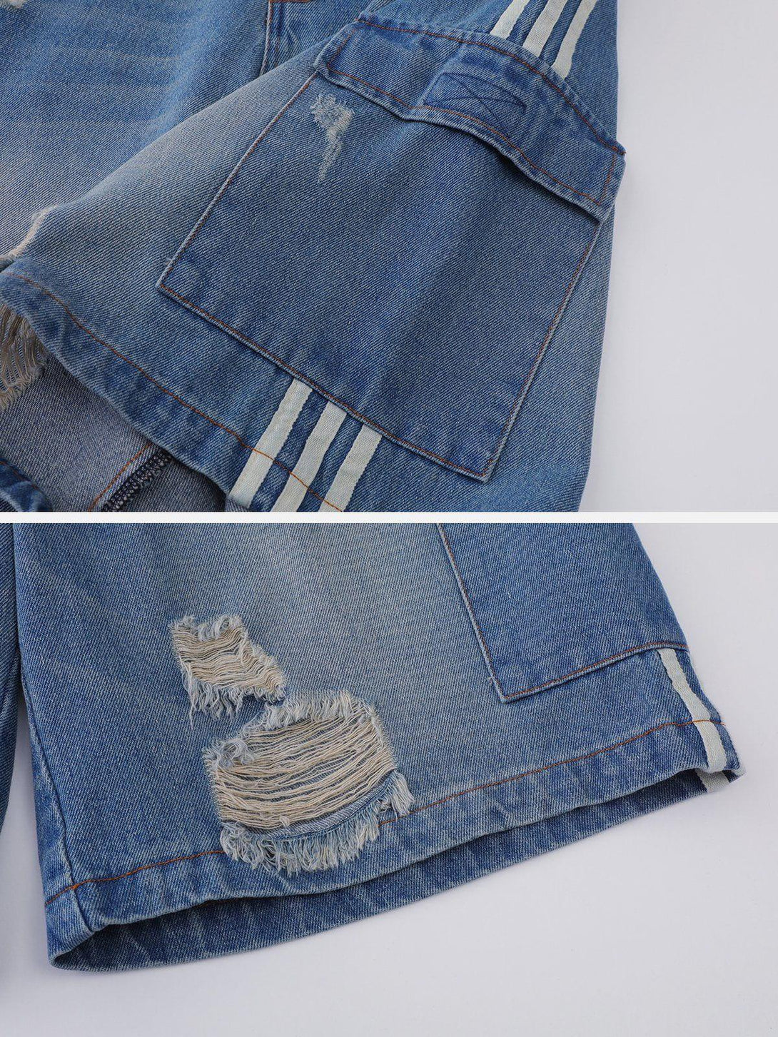 Zoomed-in texture of TALISHKO jorts, highlighting distressed details and discreet side pockets.
