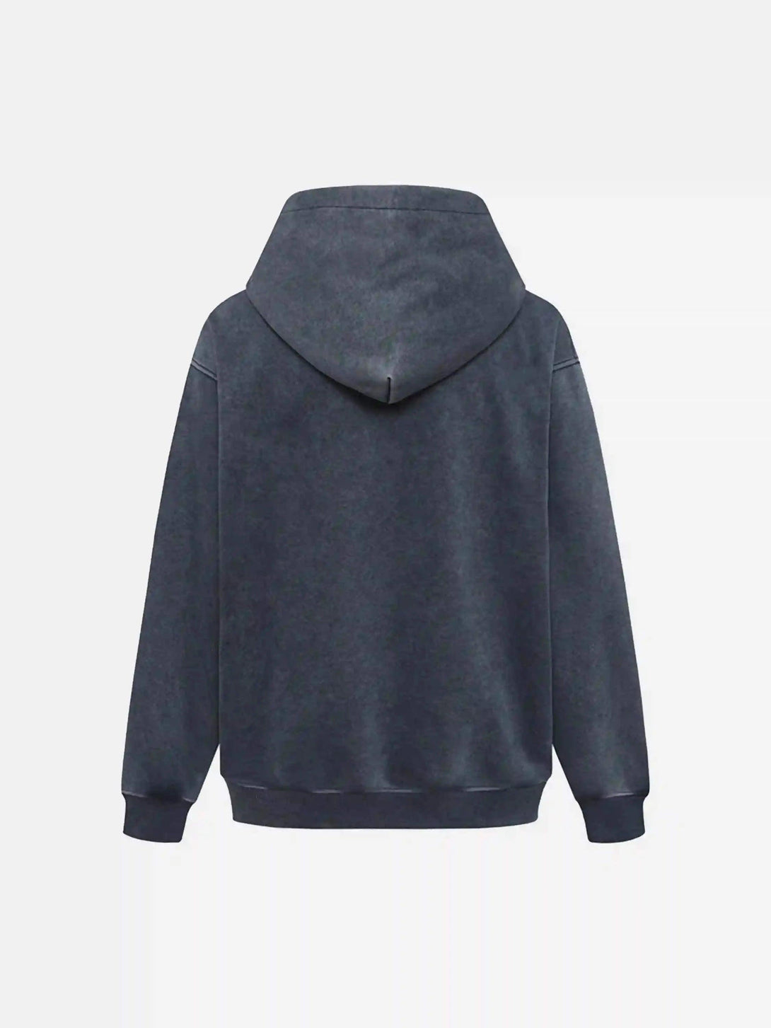 Back view of blue TALISHKO hoodie featuring a relaxed fit and urban distressed style.