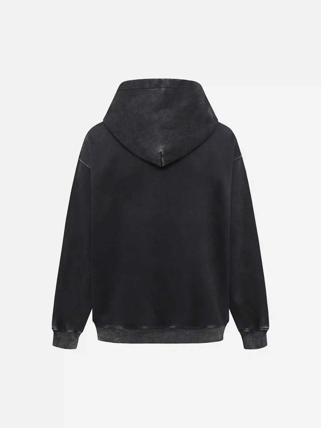 Back view of black TALISHKO hoodie showcasing a relaxed fit and distressed style for streetwear.