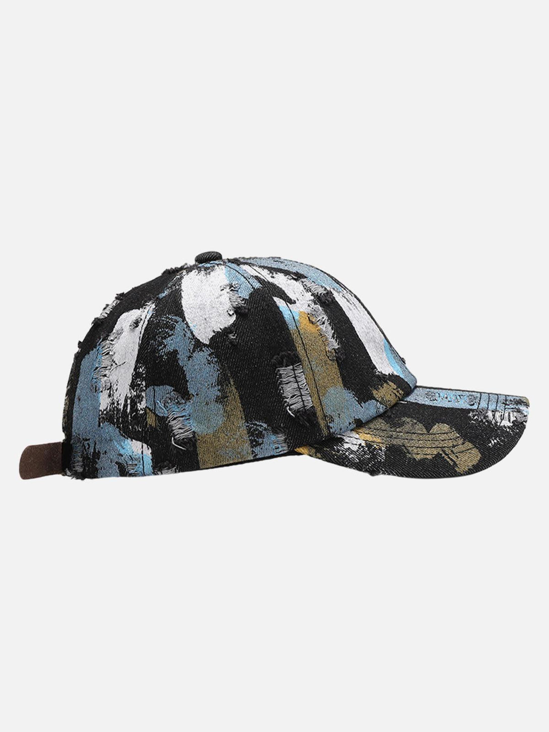 Side view of TALISHKO's distressed abstract print baseball cap, featuring artistic brush strokes.