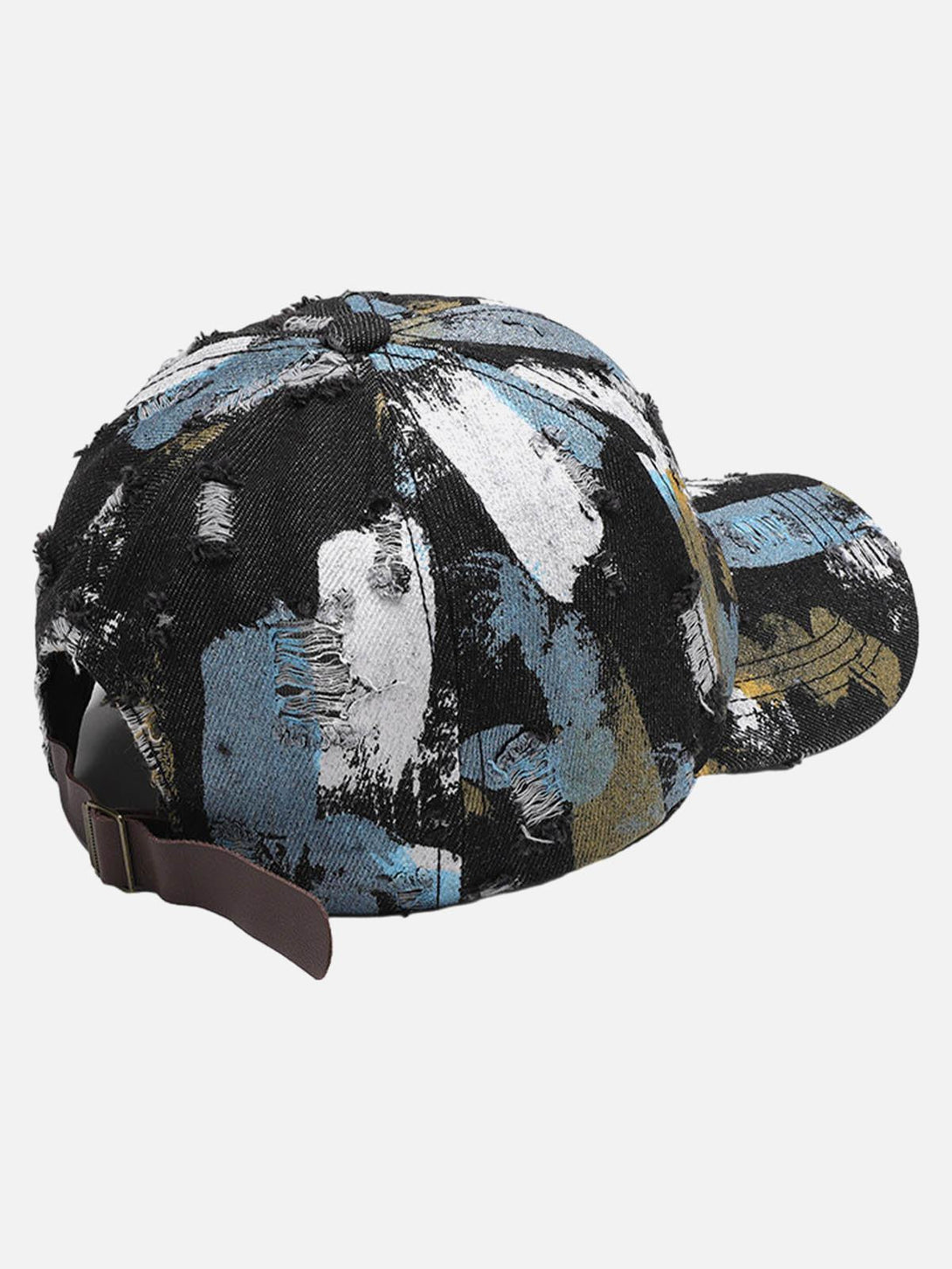Back view of TALISHKO's distressed abstract print baseball cap, showcasing artistic design.