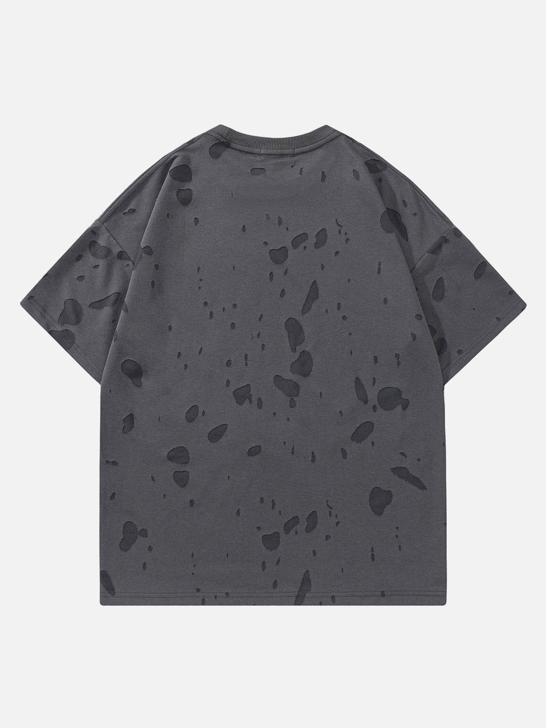 Back view of a distressed butterfly tee by TALISHKO, featuring unique gray pattern details.