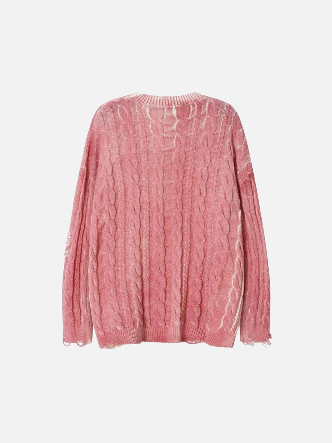 Back view of a pink distressed cable knit sweater by TALISHKO, featuring intricate texture.