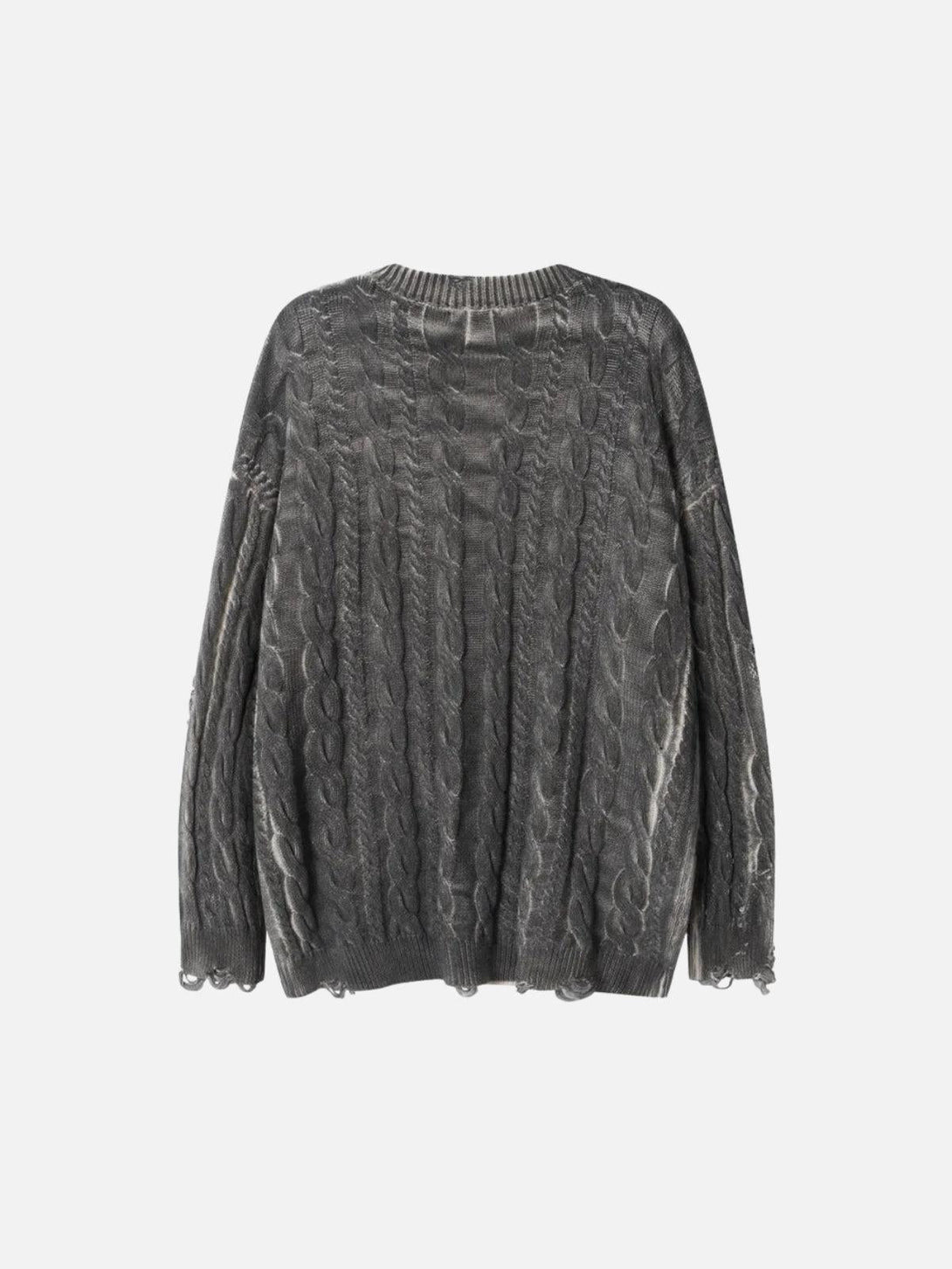 Back view of a gray distressed cable knit sweater by TALISHKO, highlighting unique texture.