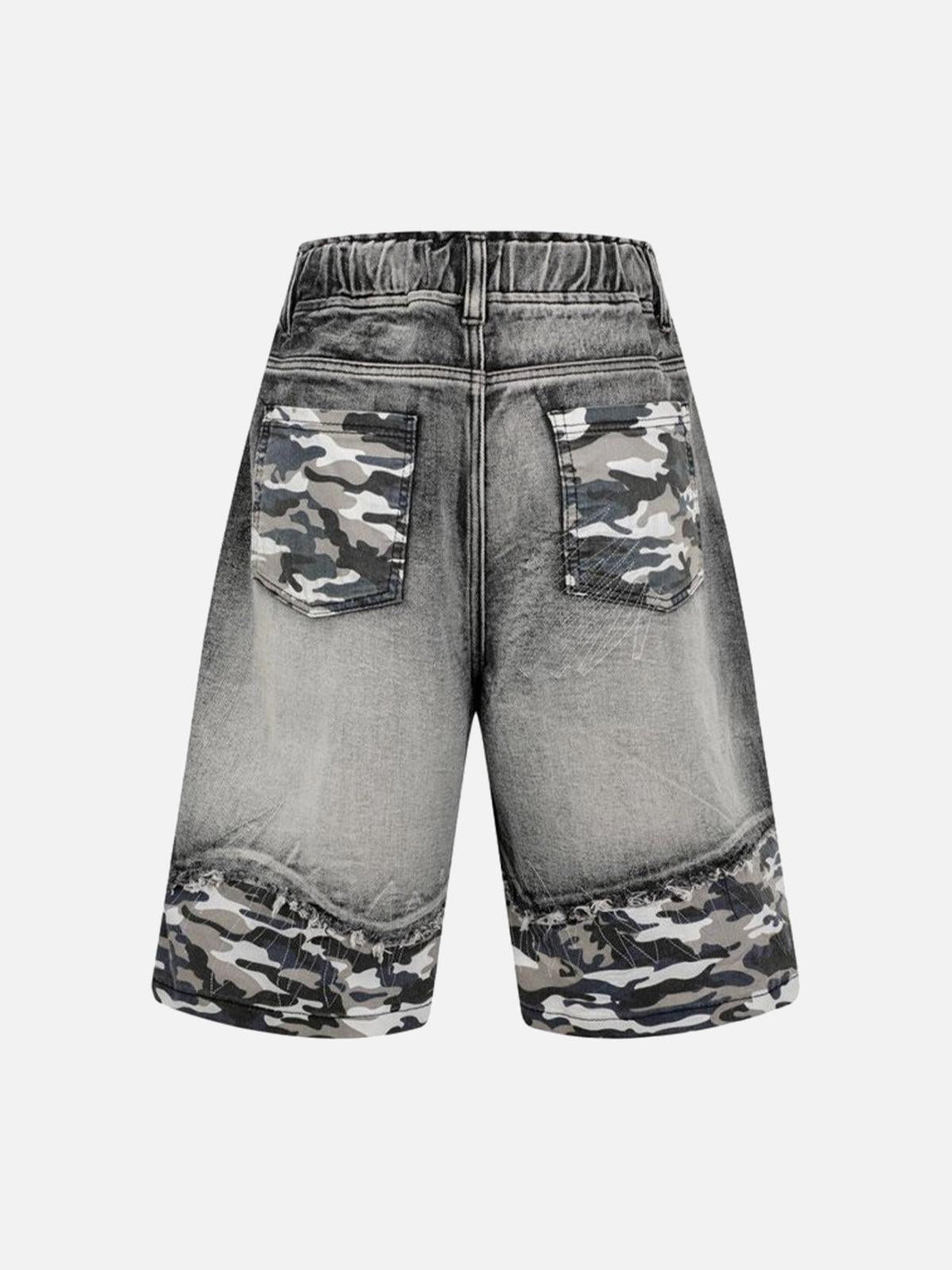 Back view of TALISHKO denim shorts featuring camouflage pockets and trim for a stylish look.