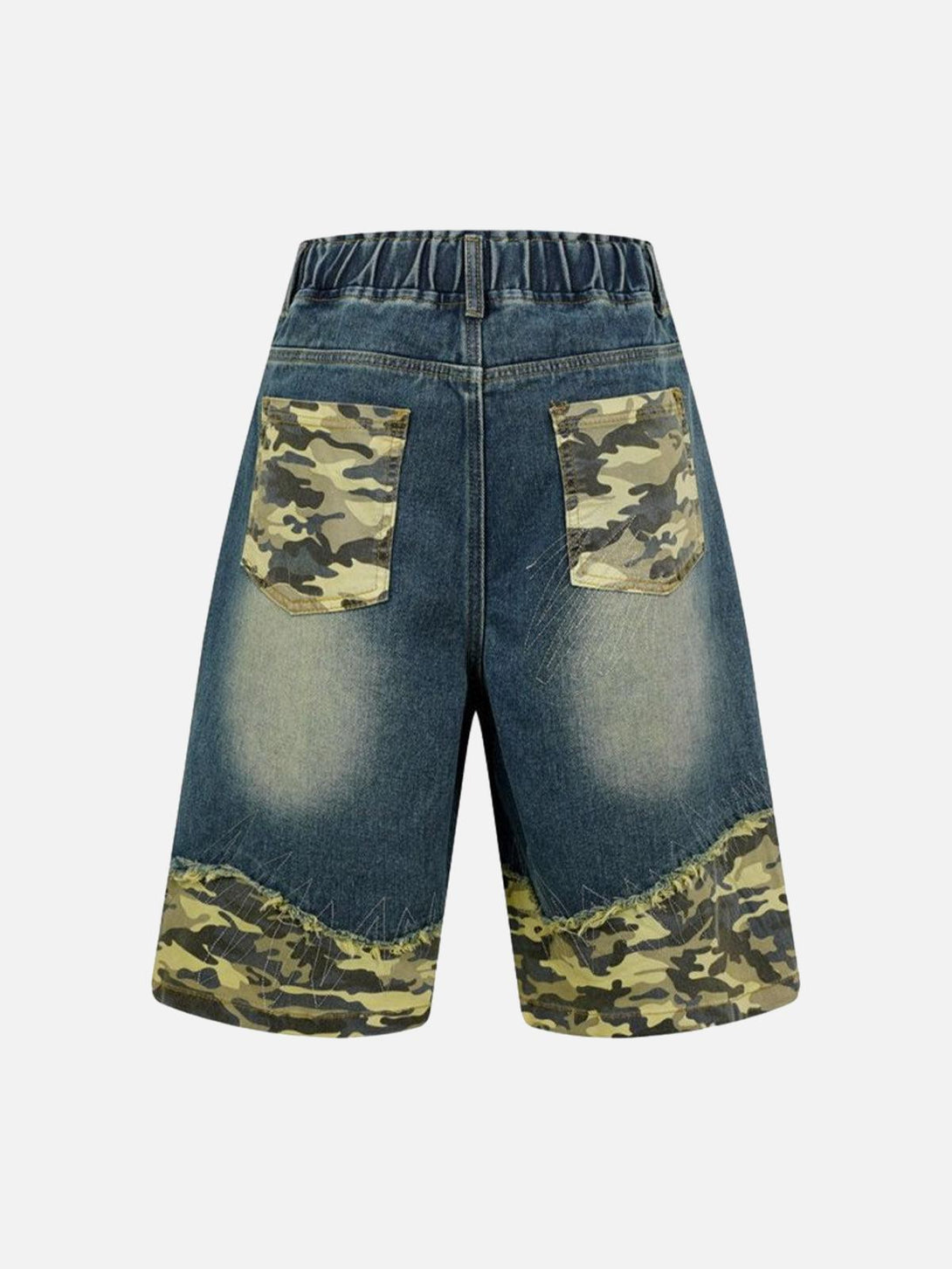 Back view of TALISHKO distressed denim shorts with camouflage pockets and trim, ideal for casual outings.