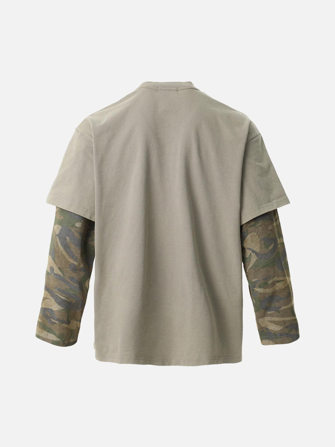 Back view of TALISHKO camouflage faux two-piece T-shirt, featuring long sleeves.