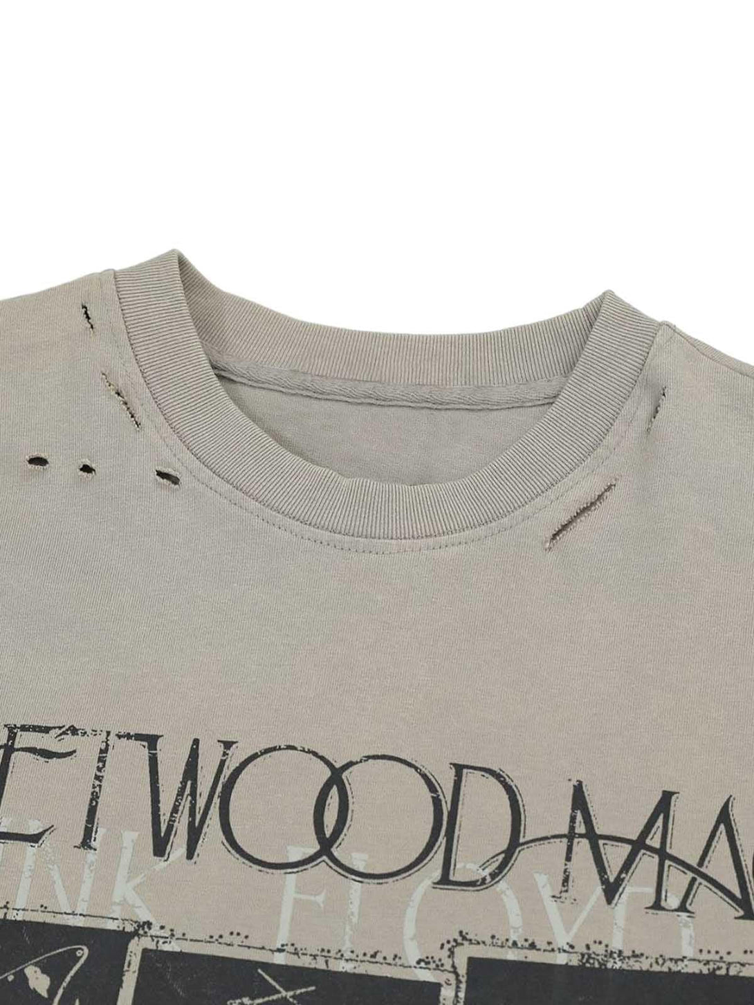 A close-up of the TALISHKO distressed graphic T-shirt, highlighting its unique neckline details.