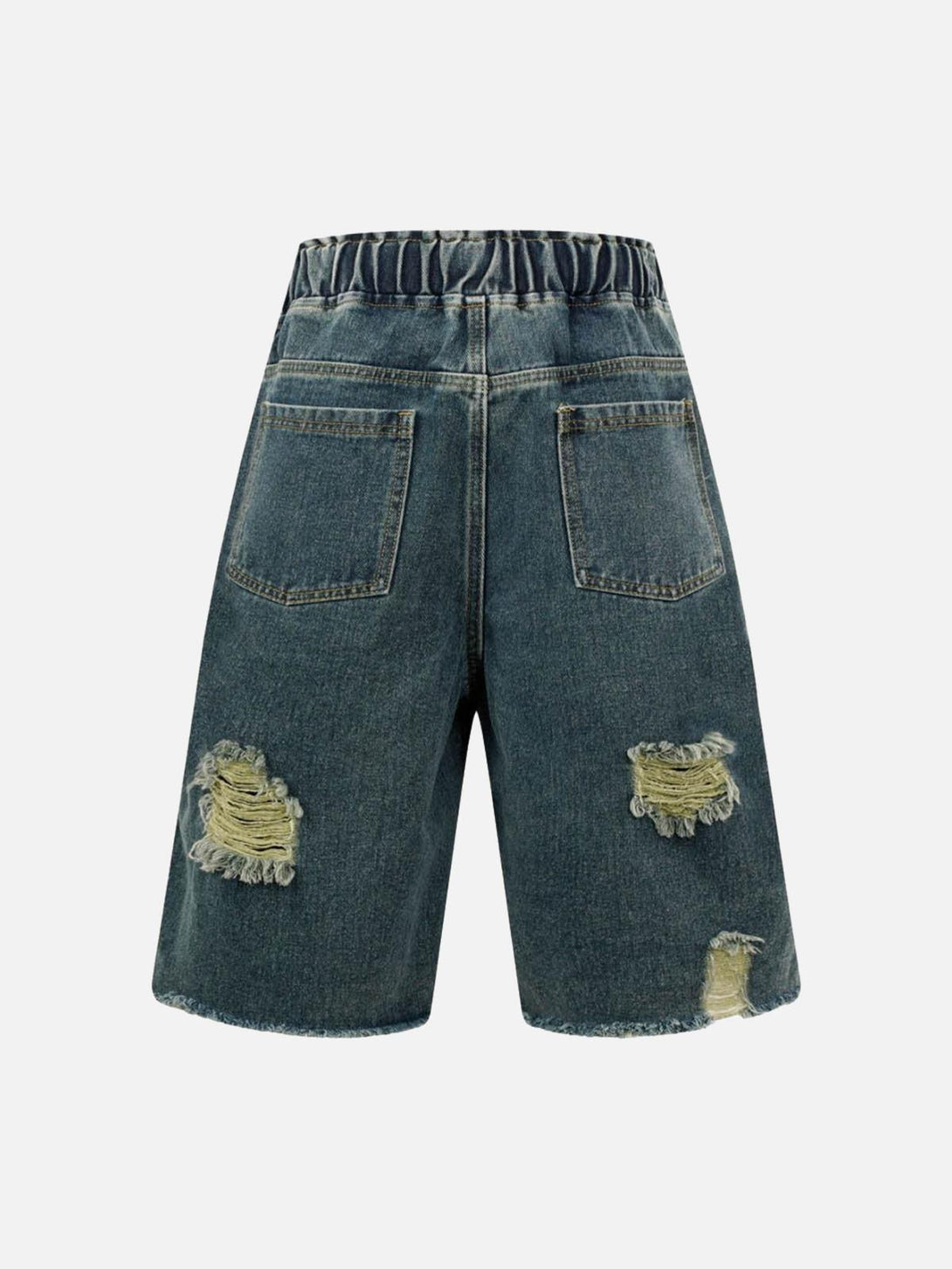 Back view of distressed denim shorts by TALISHKO, featuring an elastic waistband and worn look.