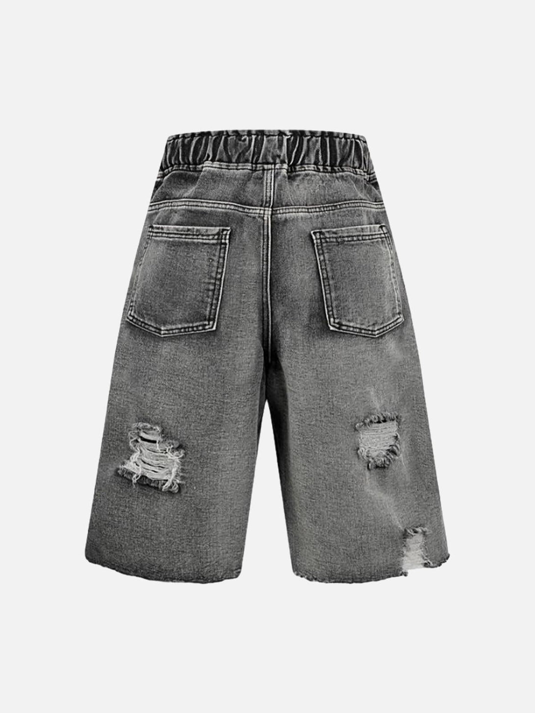 Back view of distressed cargo denim shorts by TALISHKO, highlighting their rugged design.
