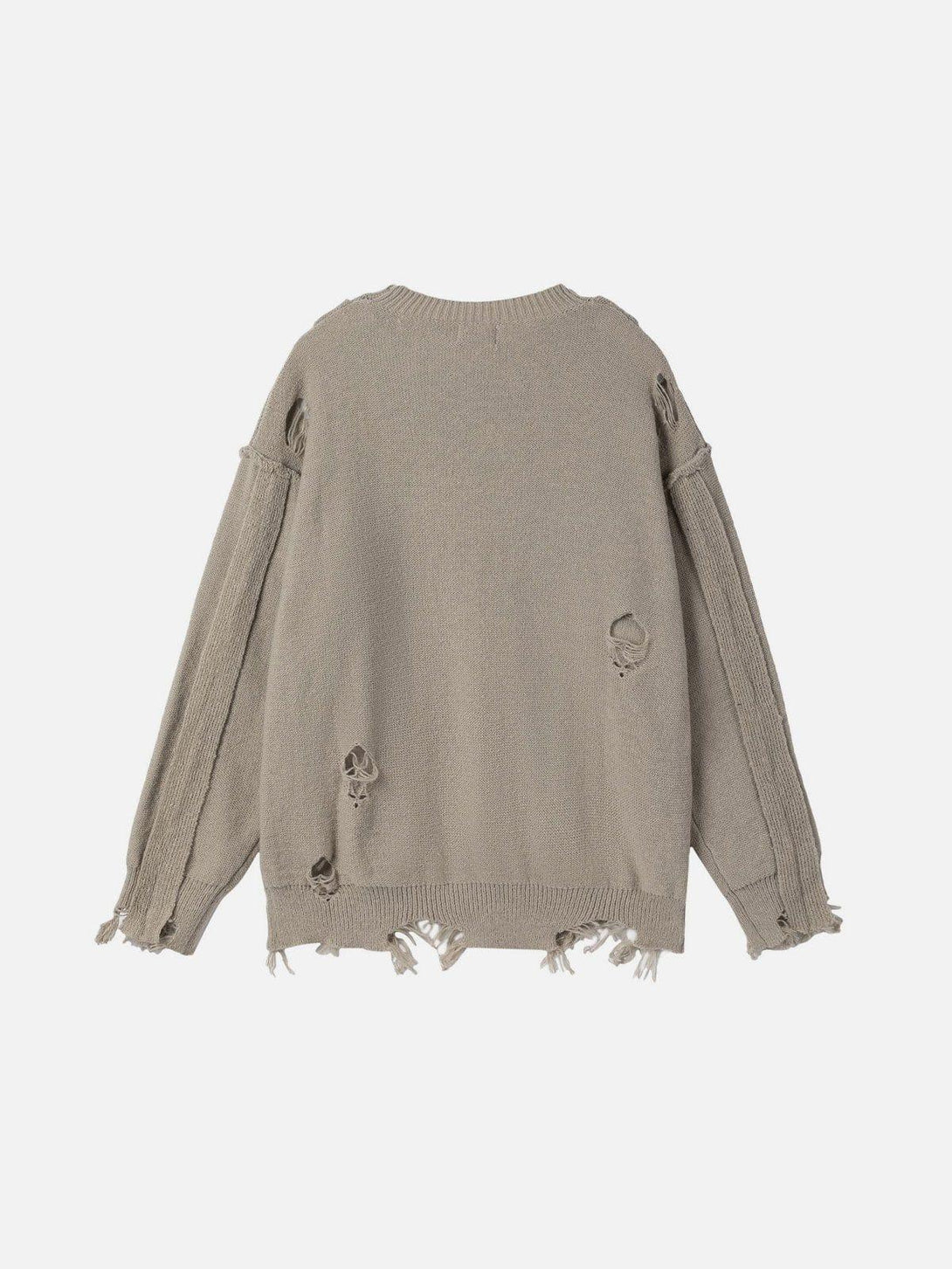 Back view of a taupe distressed patchwork sweater by TALISHKO, showcasing deconstructive style.