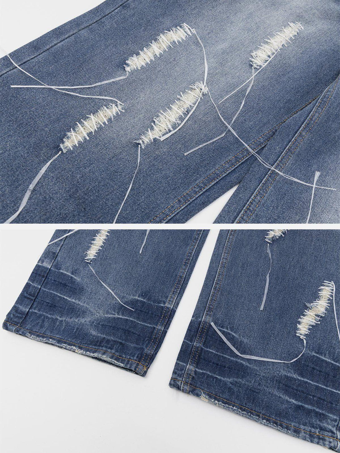 Intricate look at the distressed details on TALISHKO loose jeans, featuring decorative bands.