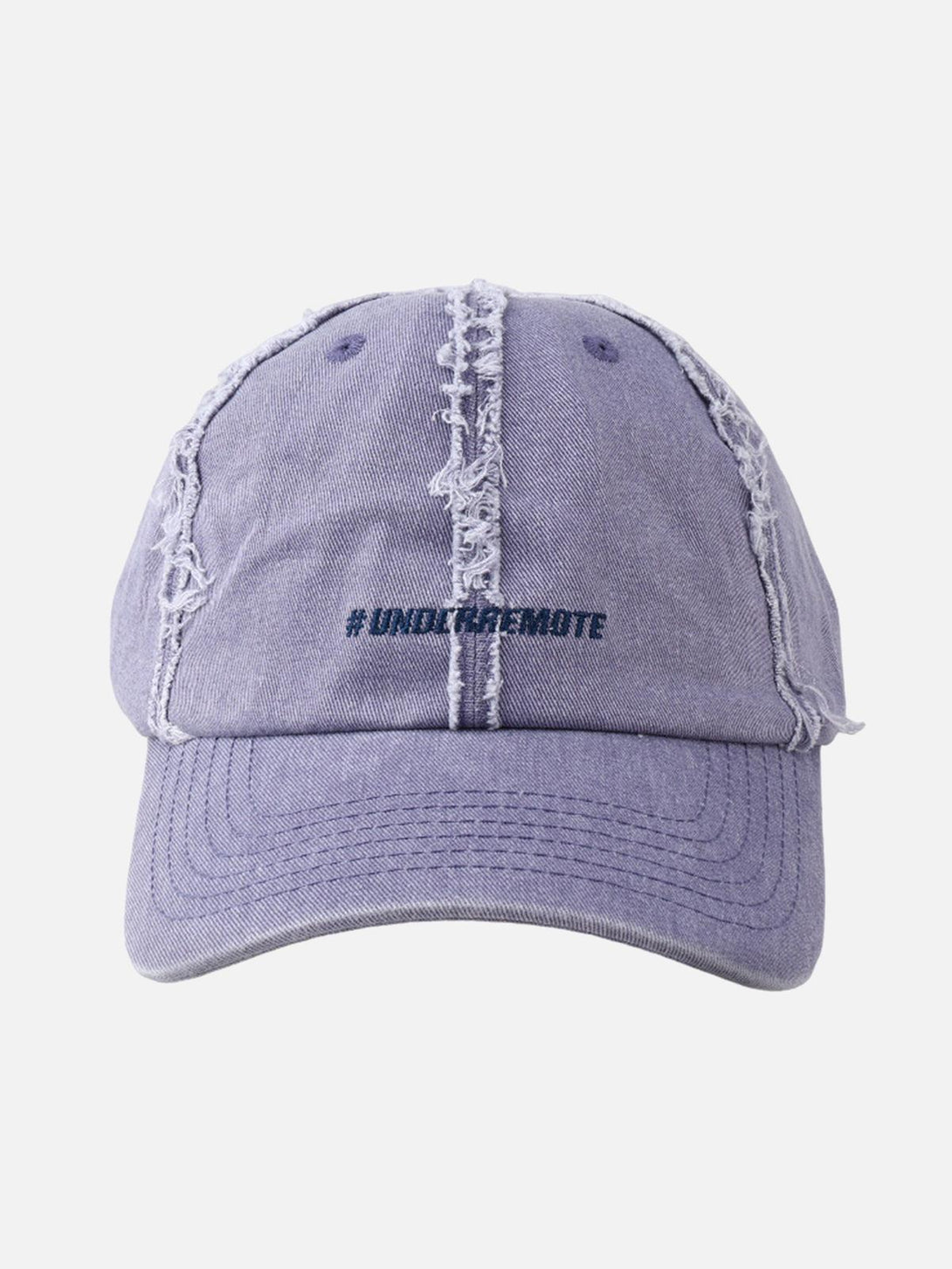 Front view of a purple distressed denim baseball cap by TALISHKO, featuring frayed edges.