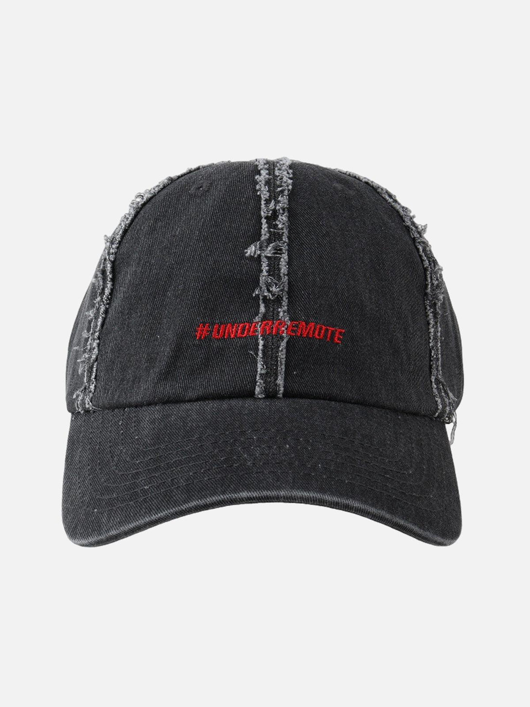 Front view of a black distressed denim baseball cap by TALISHKO, featuring red embroidery.