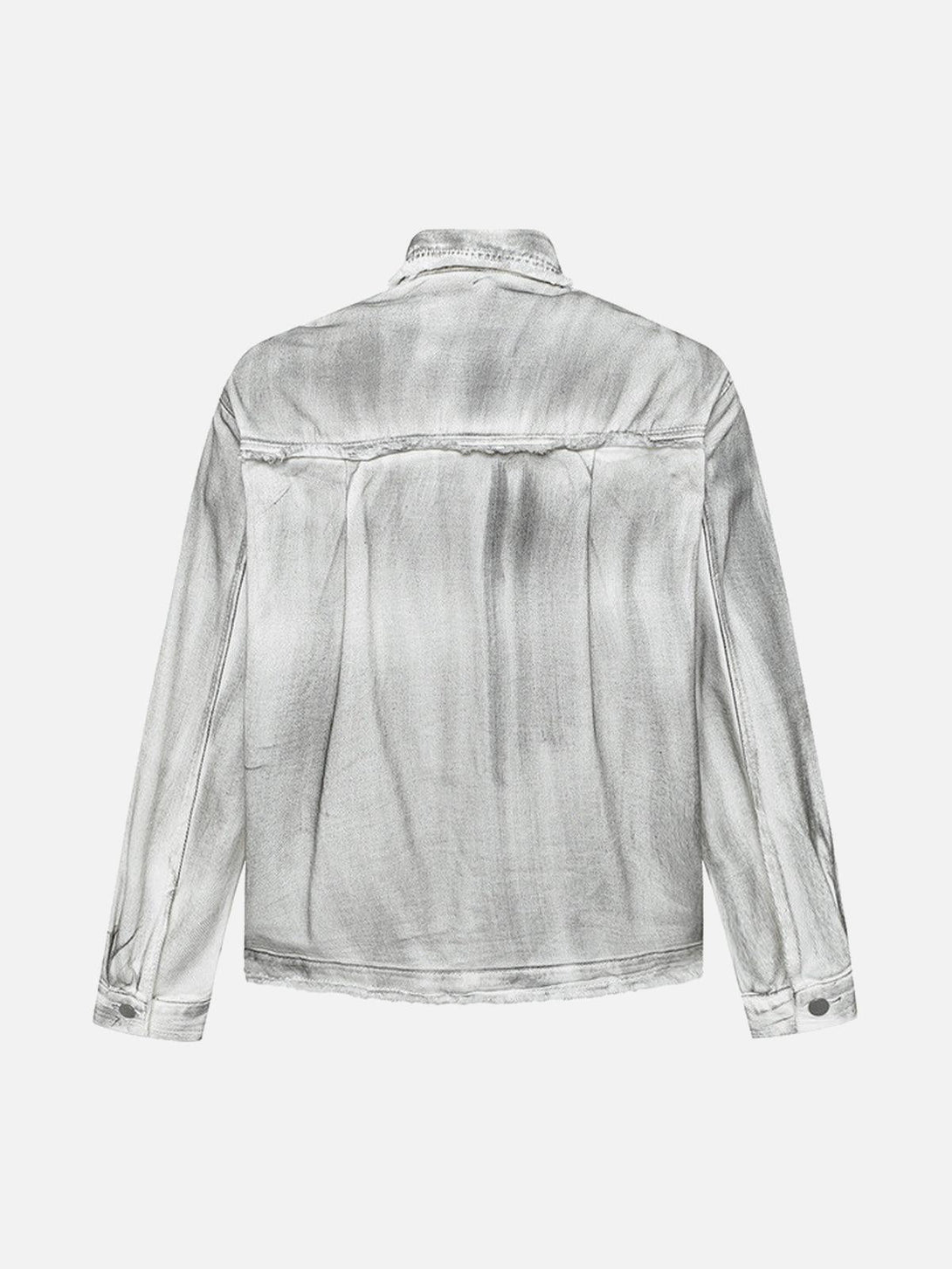 Back view of a gray distressed denim jacket by TALISHKO, showcasing a unique textured finish.