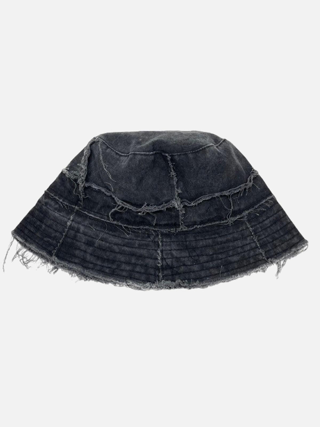 A rugged denim bucket hat by TALISHKO with distressed details and raw edges for a trendy look.