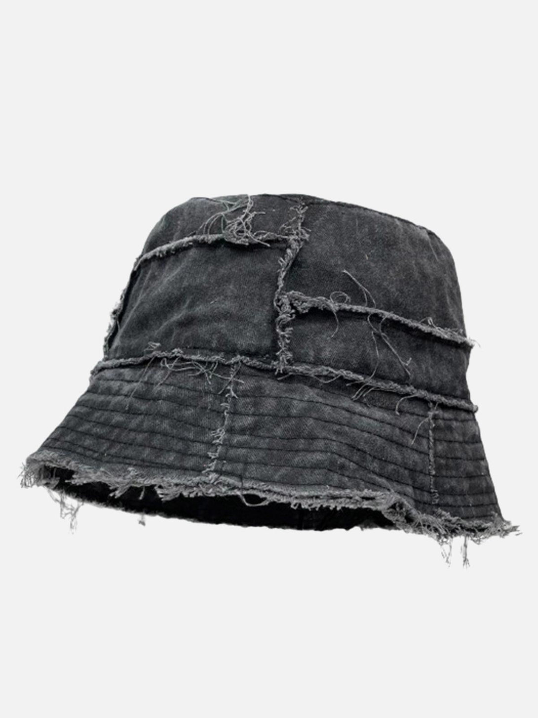 TALISHKO distressed denim bucket hat with raw edges and destroyed details, perfect for casual styling.