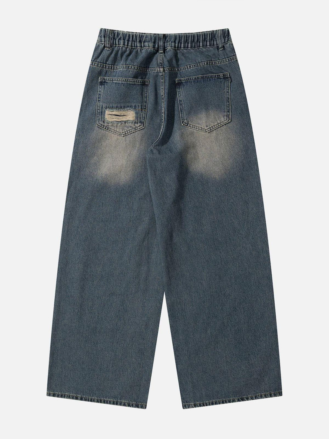 Back view of TALISHKO distressed loose jeans, showcasing worn details and relaxed fit.