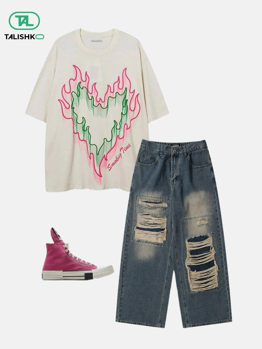 Streetwear look featuring TALISHKO flame graphic tee, distressed jeans, and pink high-top sneakers.