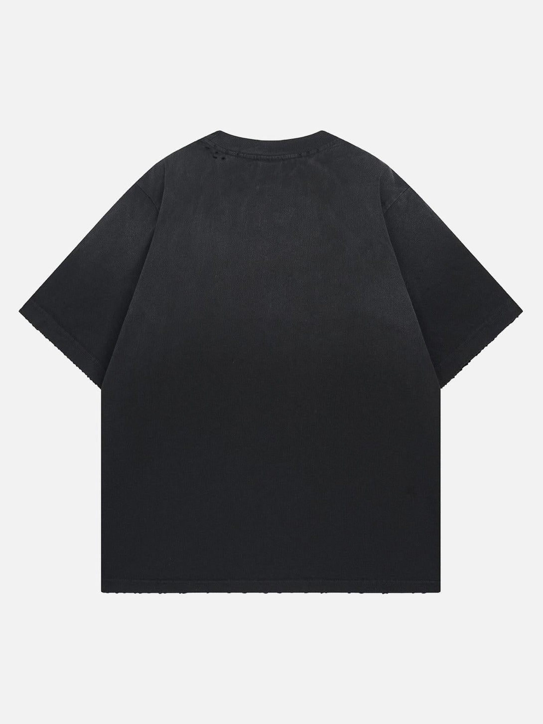 Back view of the black distressed T-shirt by TALISHKO, highlighting its casual, laid-back style.