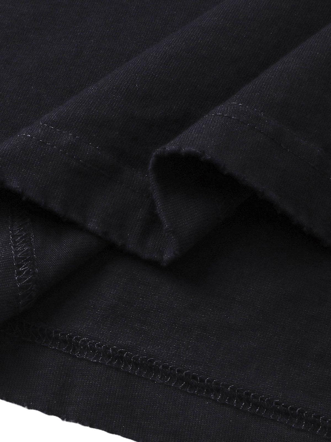 Detailed fabric and stitching on a black T-shirt by TALISHKO, showcasing smooth texture.