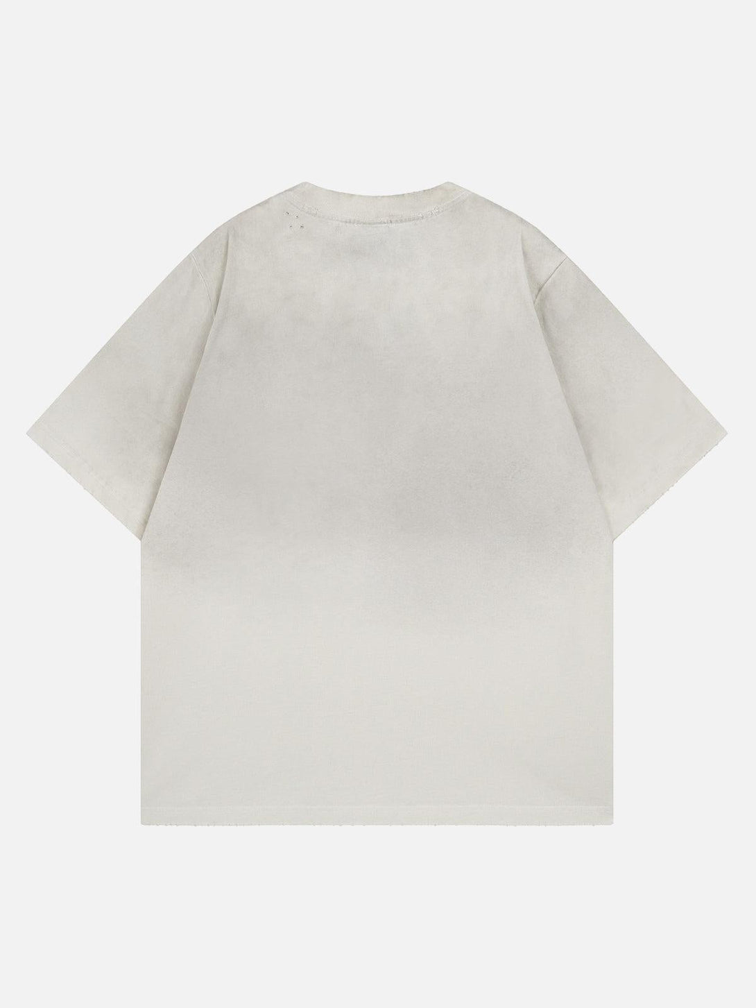 Back view of light-colored distressed T-shirt by TALISHKO, showcasing its relaxed fit.