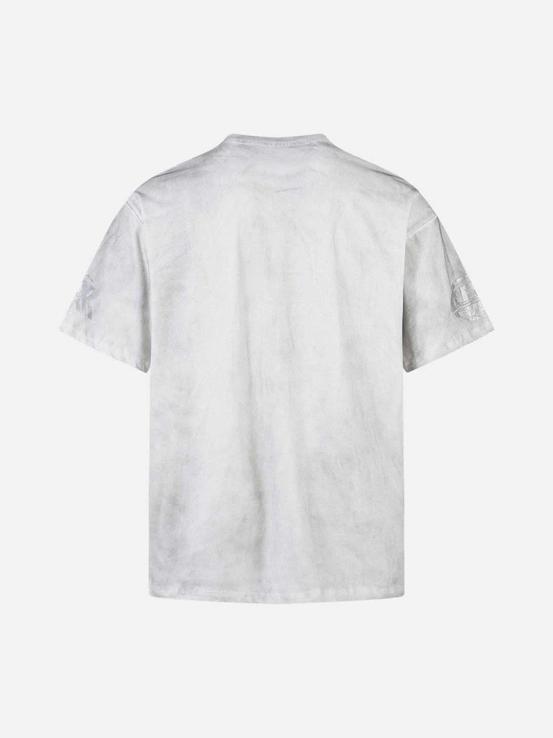 Back view of a distressed, dirty dyed T-shirt by TALISHKO, ideal for relaxed summer looks.