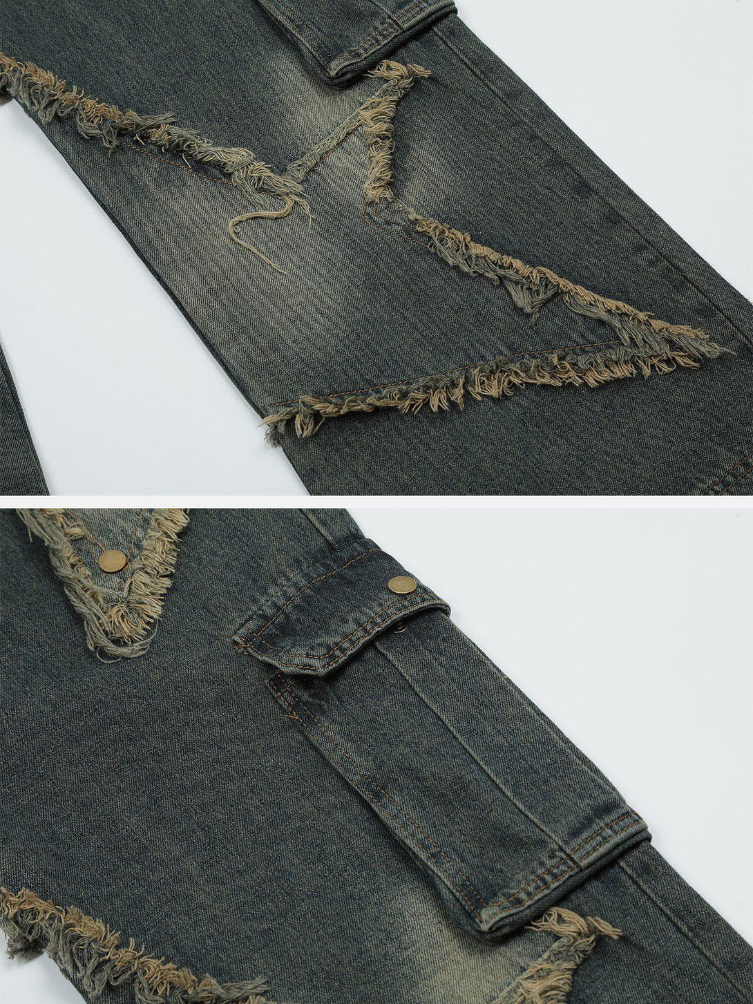 Intricate look at TALISHKO's distressed denim jeans, showcasing frayed star patchwork details.