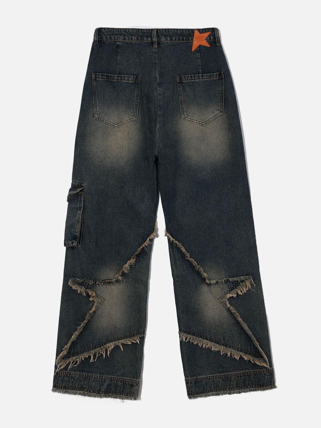 Back view of TALISHKO denim jeans with star patchwork and frayed details.