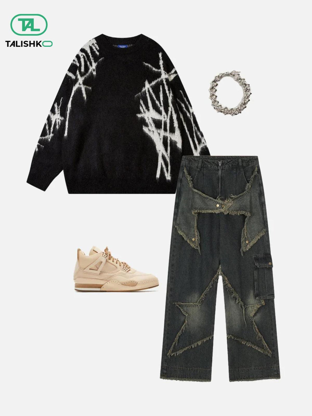 TALISHKO distressed patchwork denim jeans paired with a bold sweater and sneakers.
