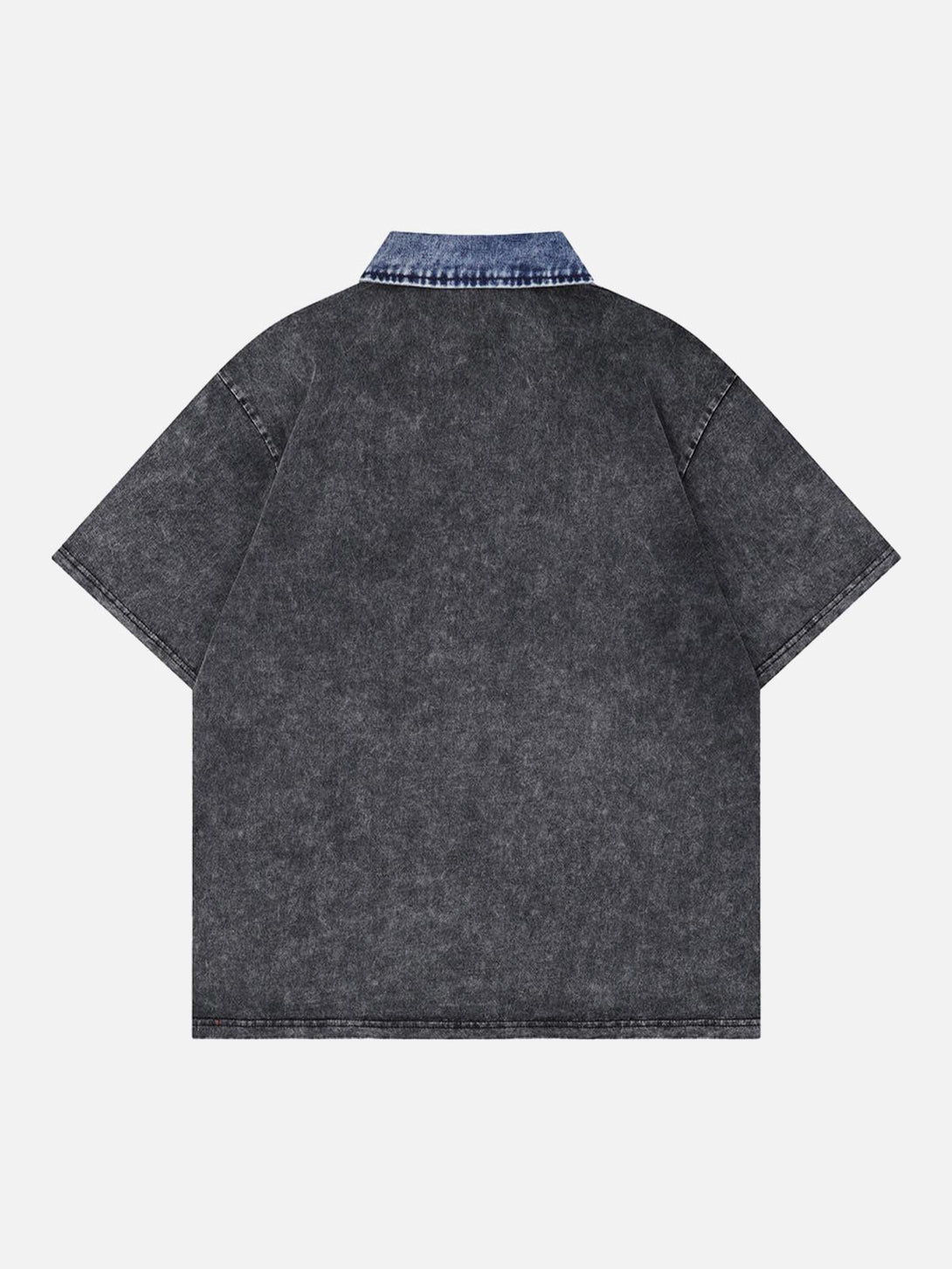 Back view of TALISHKO's distressed polo shirt with denim collar, highlighting casual style.