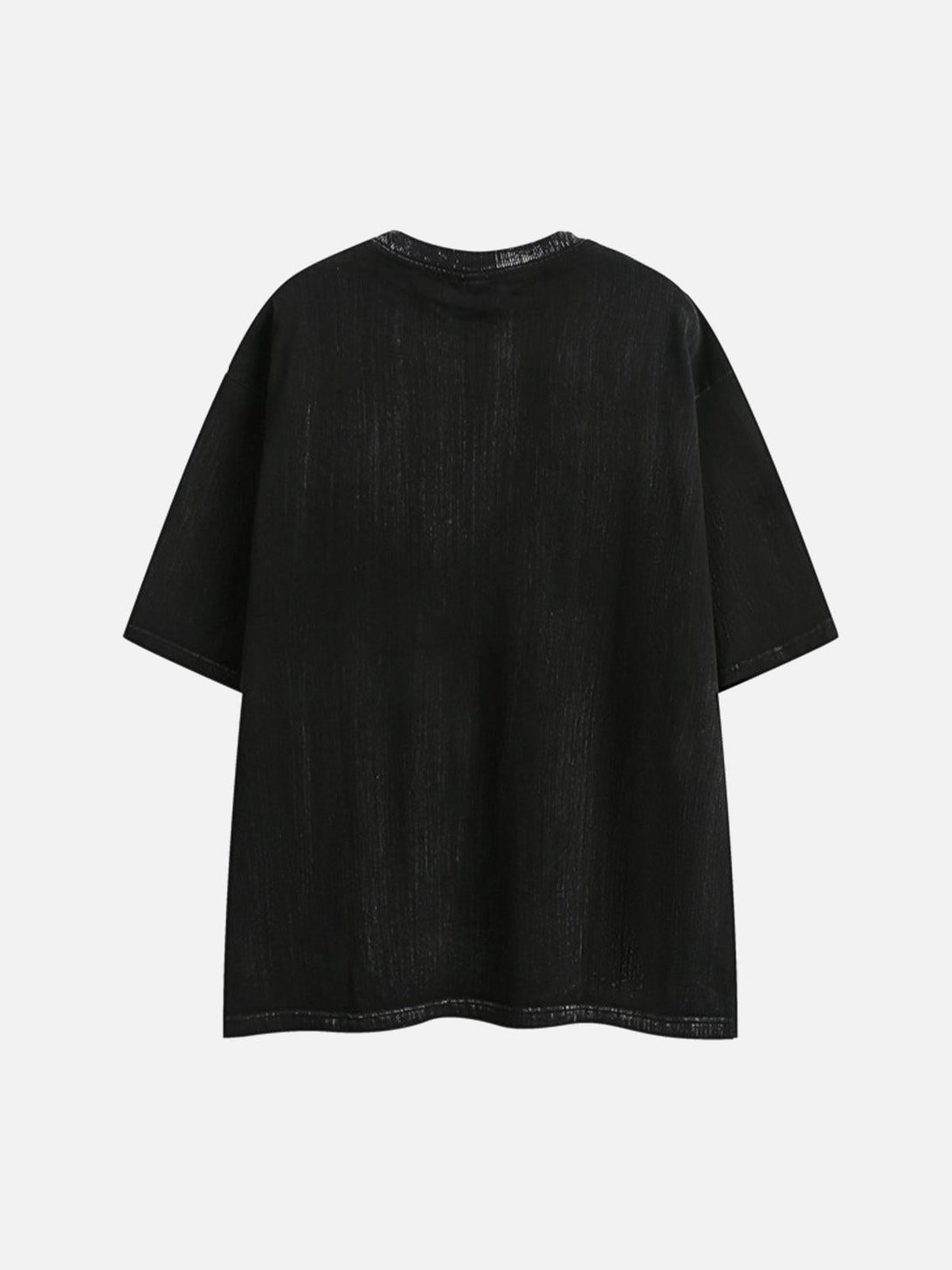 Back view of a black distressed T-shirt by TALISHKO, offering a relaxed summer vibe.