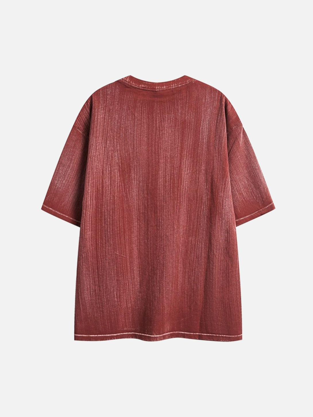 Back view of a red distressed T-shirt by TALISHKO, showcasing unique texture and casual style.