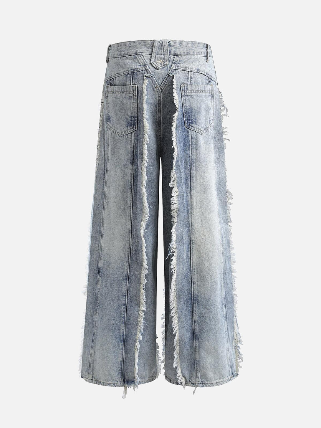 Back view of TALISHKO distressed baggy jeans with frayed edges, showcasing a bold fashion statement.