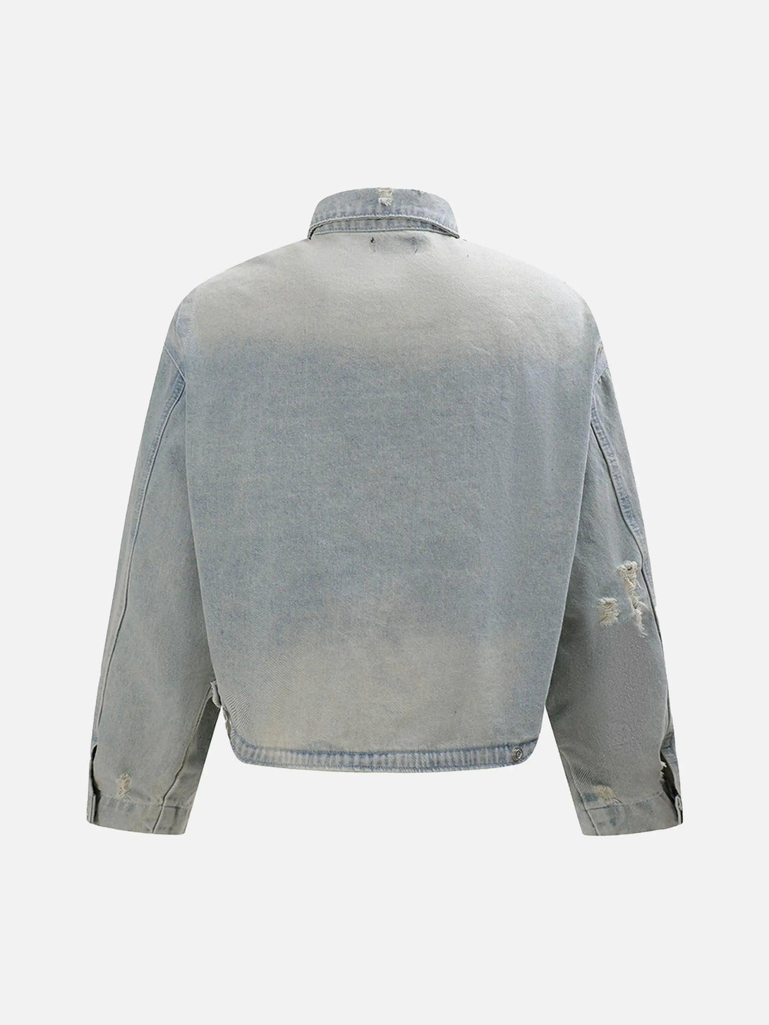 Back view of a TALISHKO denim jacket showcasing distressed details and a frayed design.