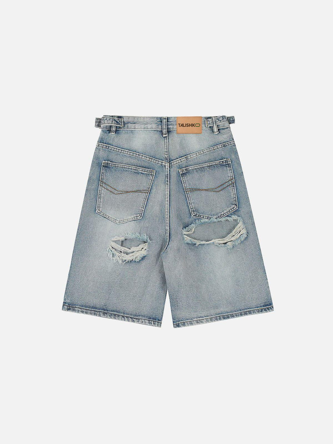 Back view of blue distressed fringe jorts by TALISHKO, highlighting a relaxed style.