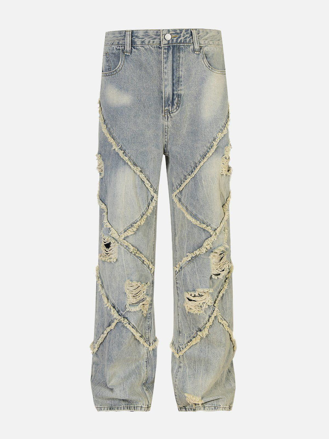 Distressed fringe loose jeans by TALISHKO, showcasing unique texture and bold design.