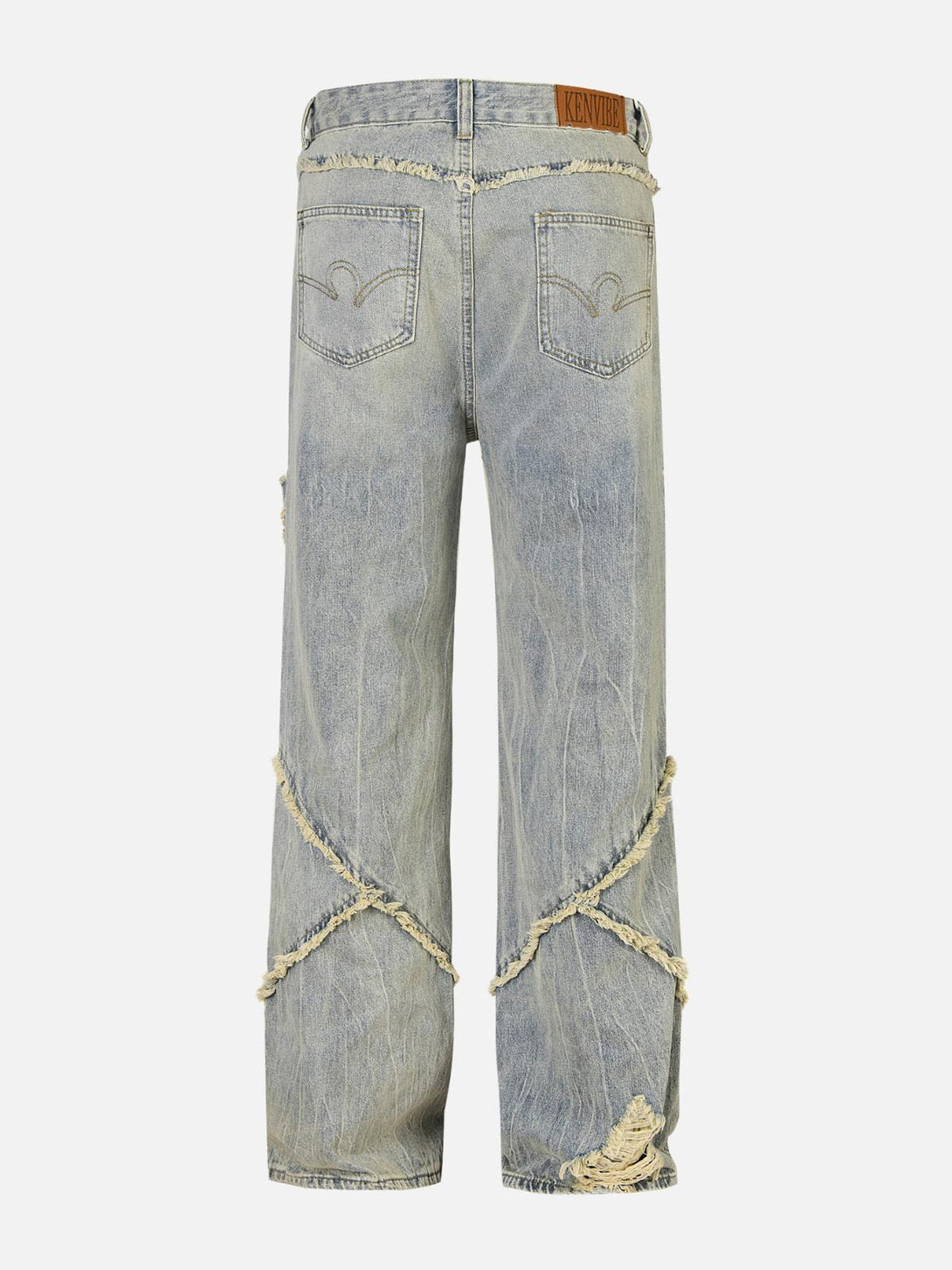Back view of TALISHKO distressed fringe loose jeans, highlighting unique texture and design.