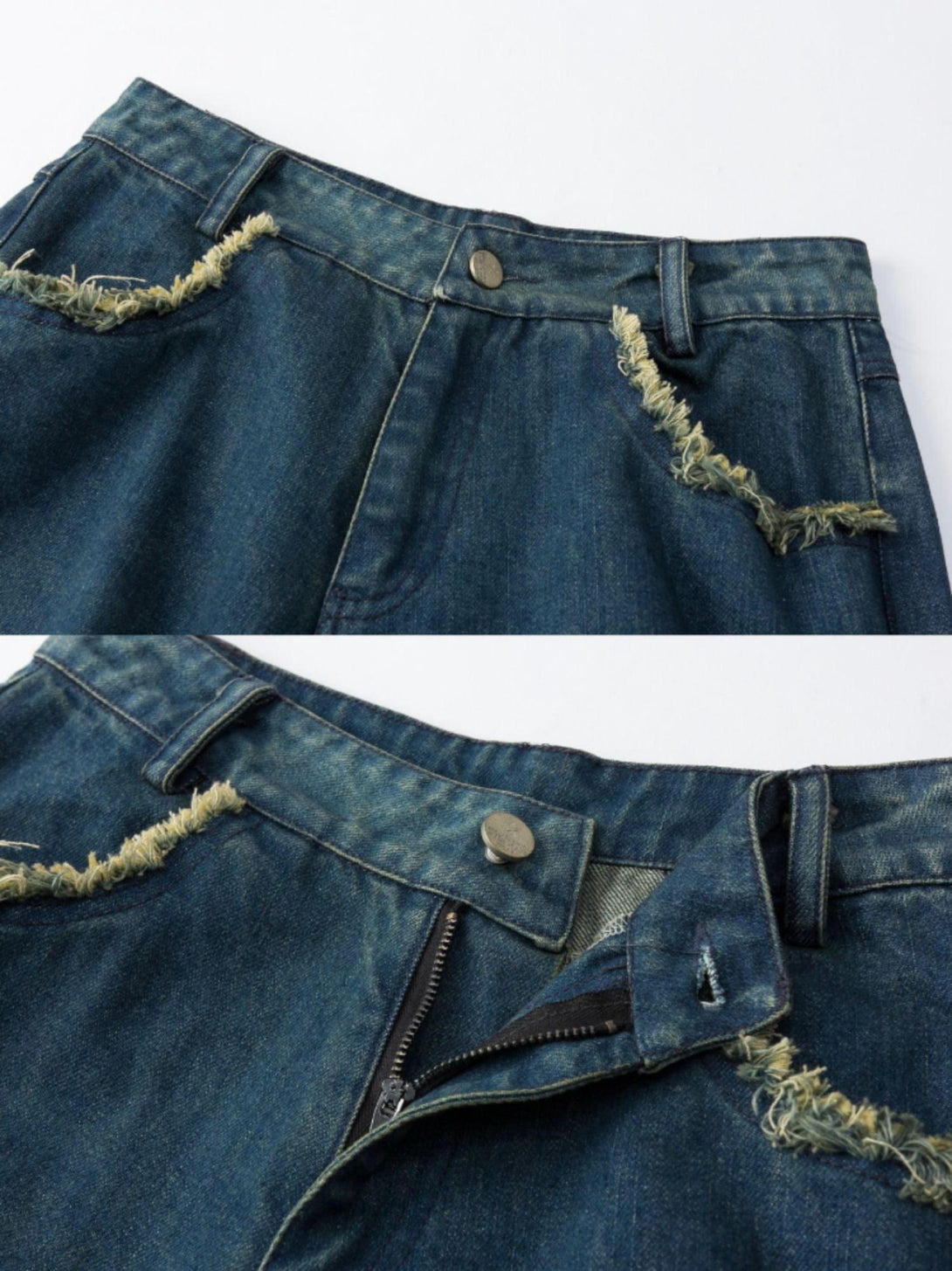 Detailed view of TALISHKO distressed fringe star jeans with raw edge pocket design.