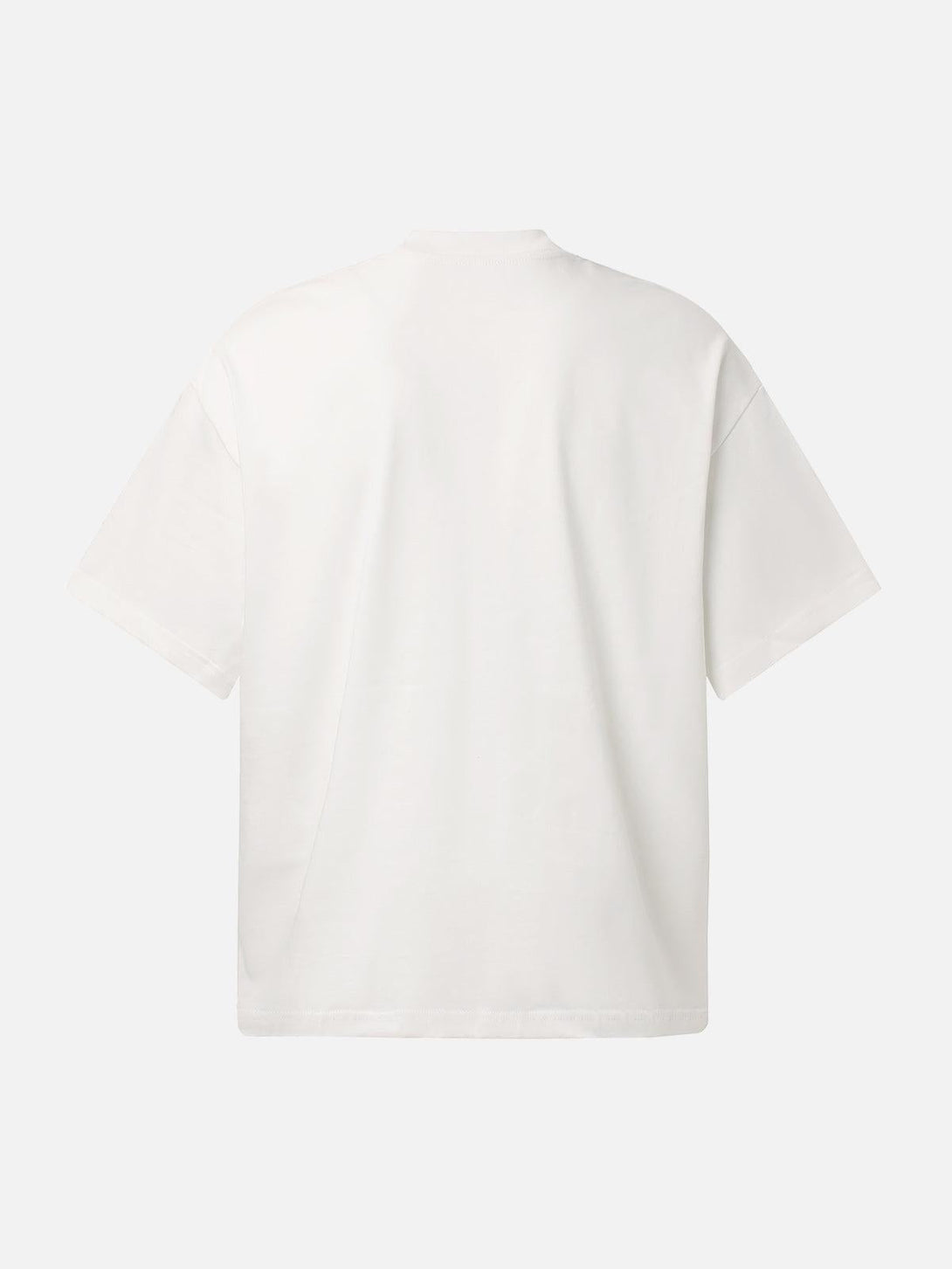 Back view of a white crew neck T-shirt by TALISHKO, highlighting its relaxed fit.