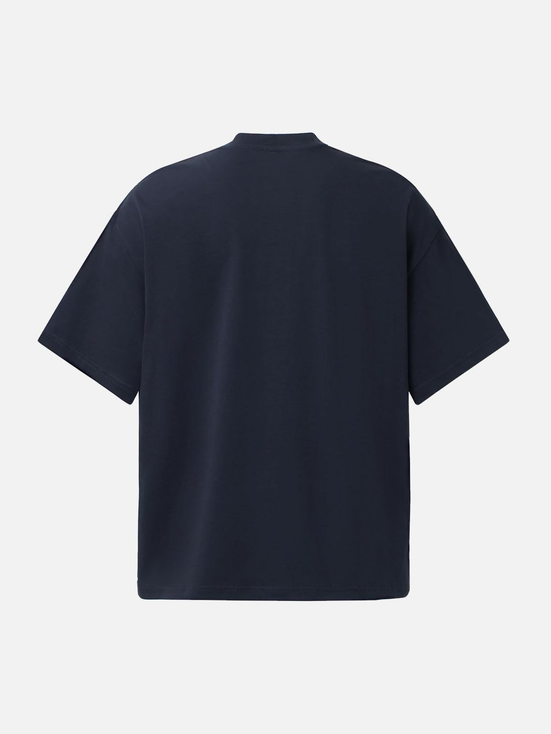 Back view of a navy crew neck T-shirt by TALISHKO, showcasing its casual, relaxed fit.