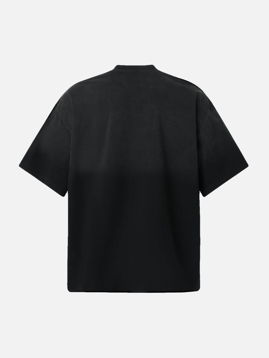Back view of black crew neck T-shirt by TALISHKO, featuring a subtle gradient design.