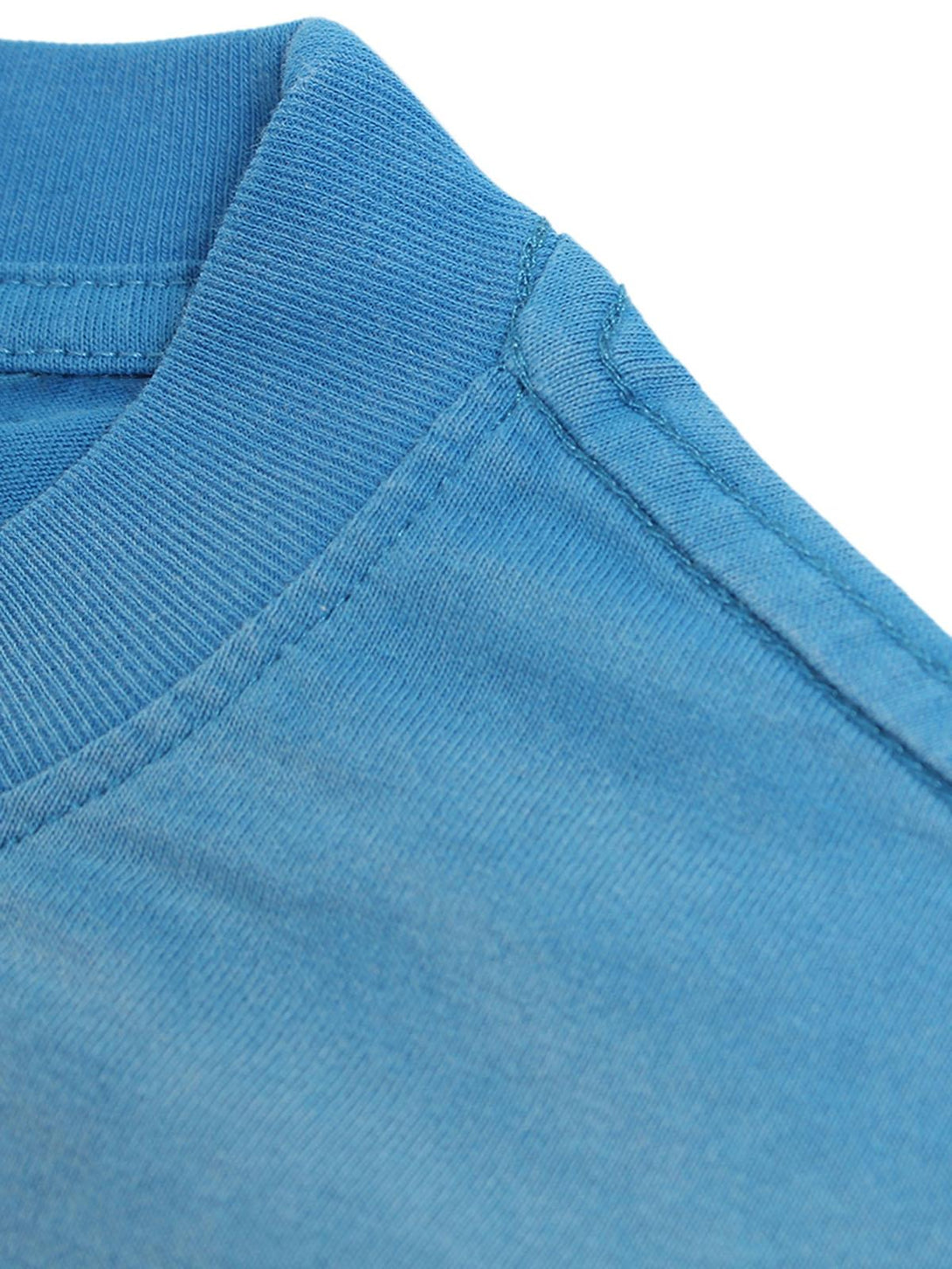 Detailed fabric and stitching of a blue crew neck T-shirt by TALISHKO, perfect for casual style.