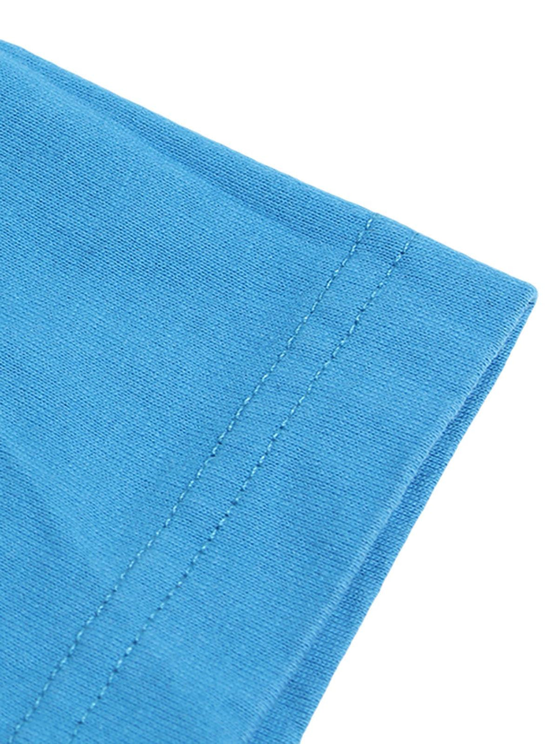 Detailed fabric and stitching of a blue crew neck T-shirt by TALISHKO, showcasing craftsmanship.