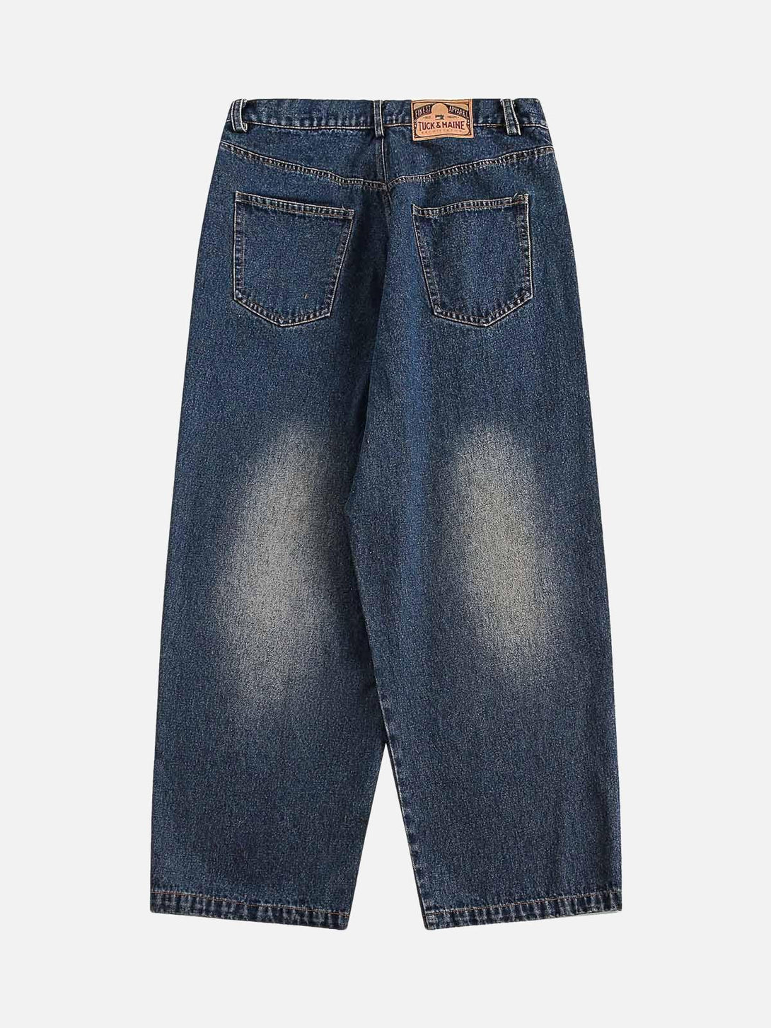 Back view of TALISHKO distressed straight jeans featuring a worn denim look.