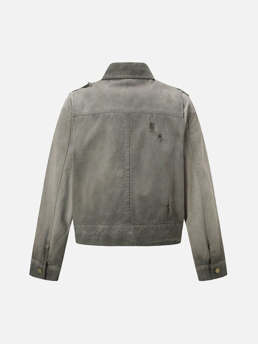 Back view of a distressed denim jacket featuring subtle wear details, designed by TALISHKO.