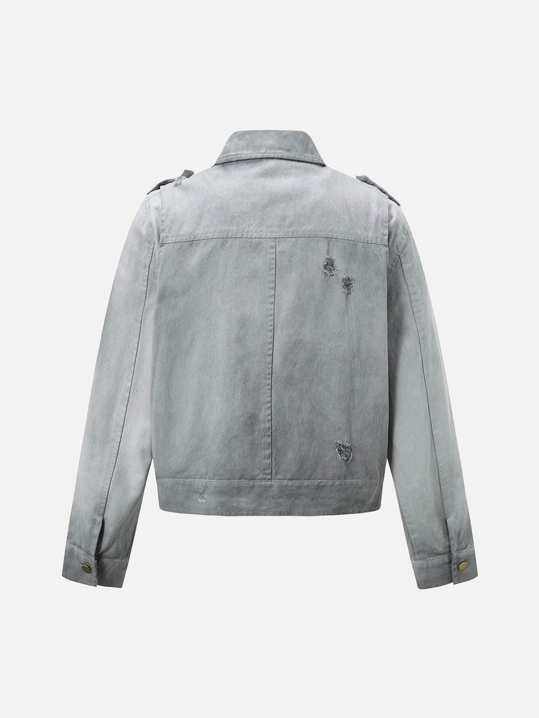 Back view of a gray distressed denim jacket with wear details, crafted by TALISHKO.