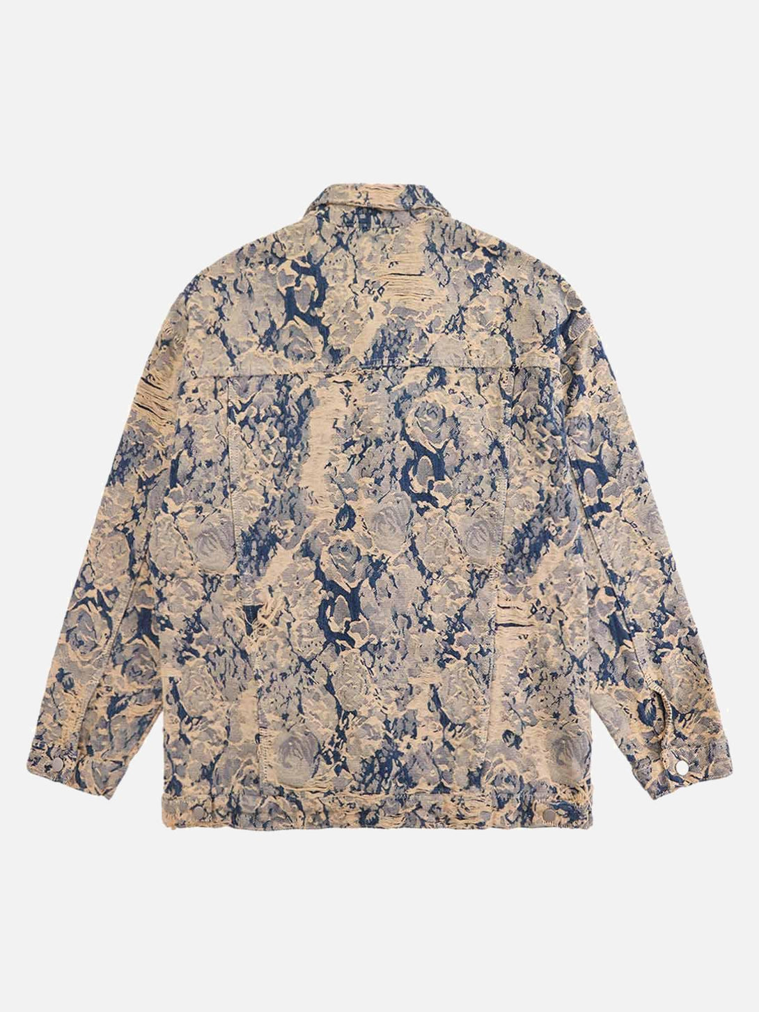 The back of a distressed jacquard denim jacket by TALISHKO, showcasing its intricate pattern.