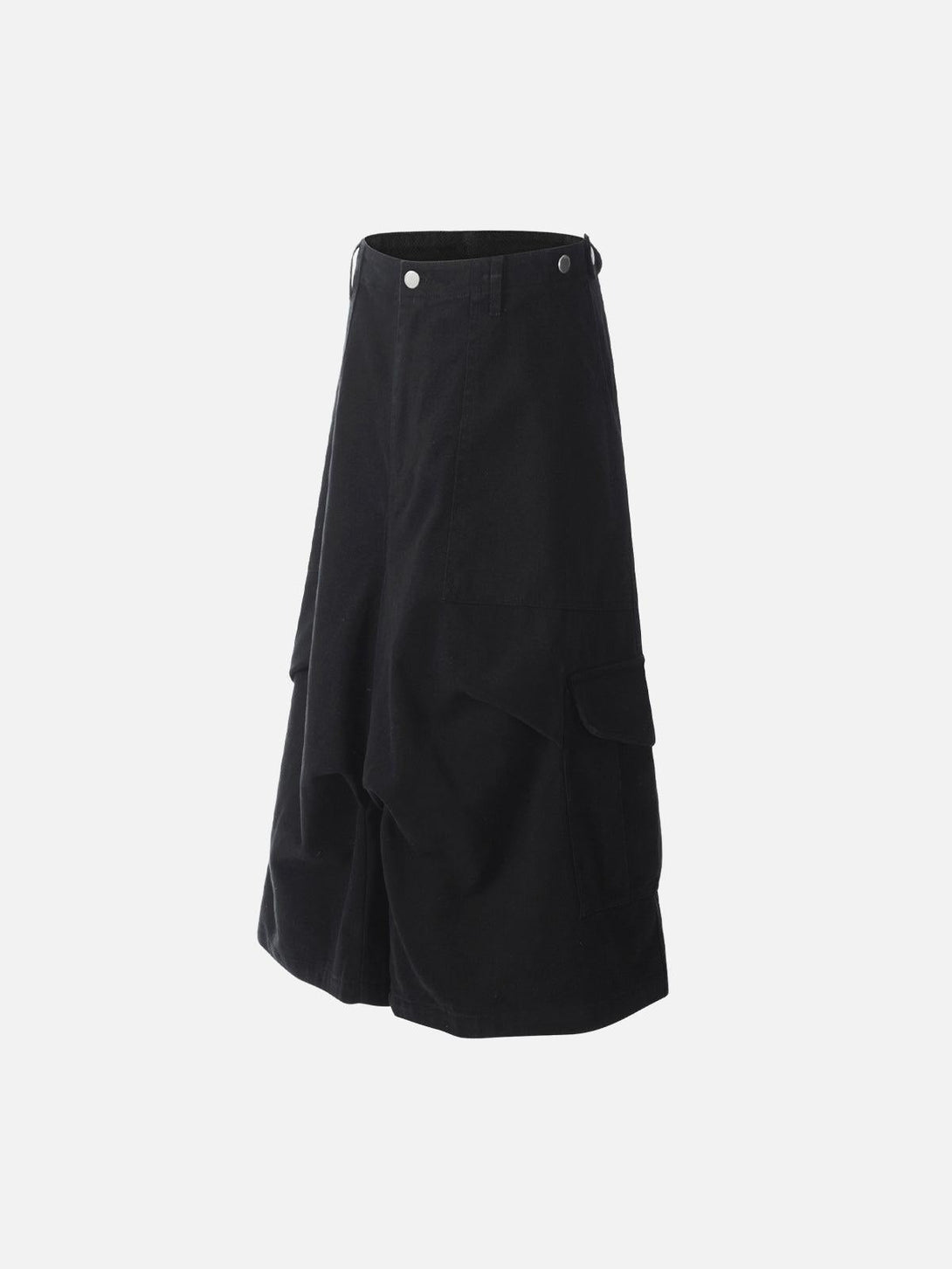 Side view of black cargo jorts by TALISHKO, featuring a relaxed fit and practical pockets.